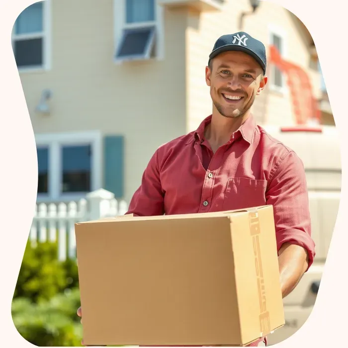 Two removalists moving boxes up stairs